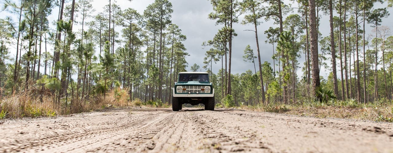 Jeep driving down road.