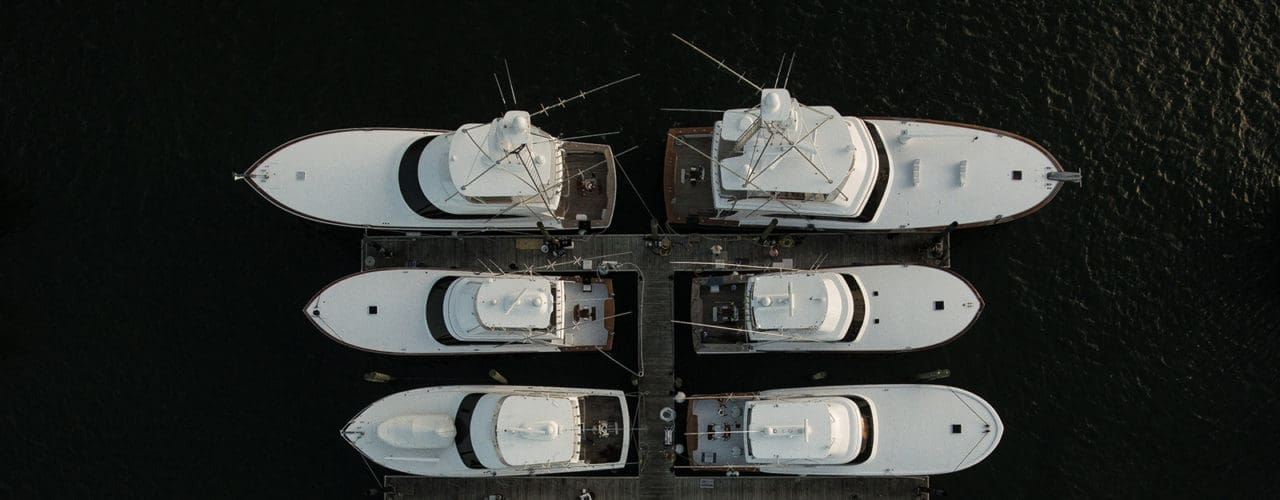 Aerial view of boats in dock.