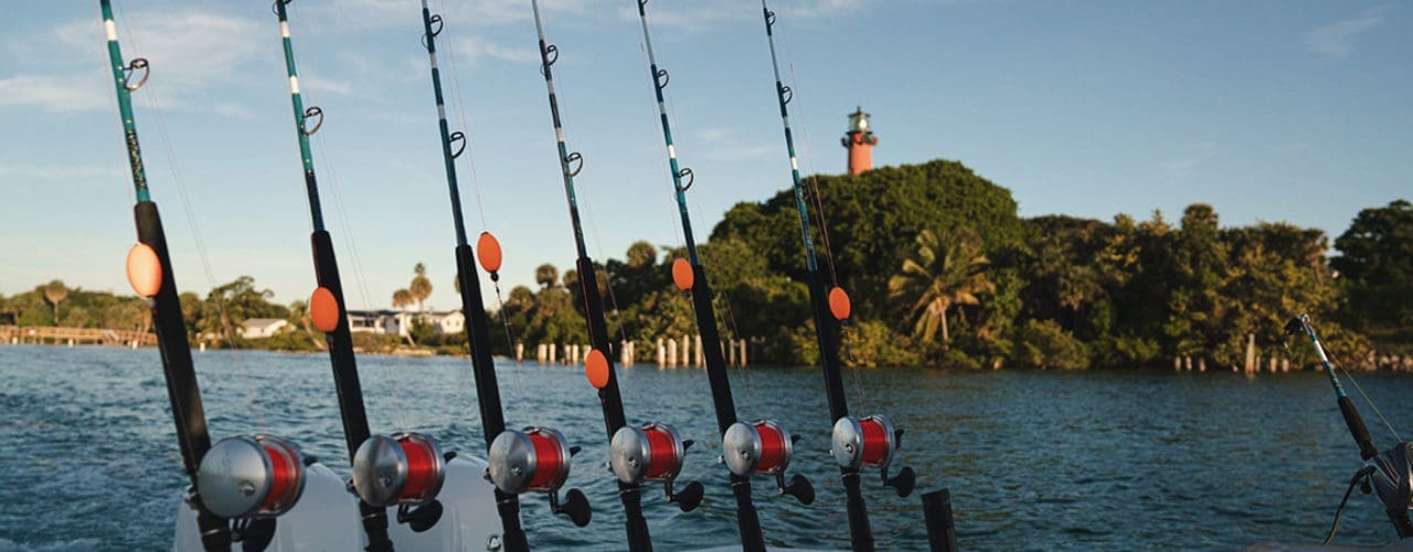 Closeup of fishing poles.