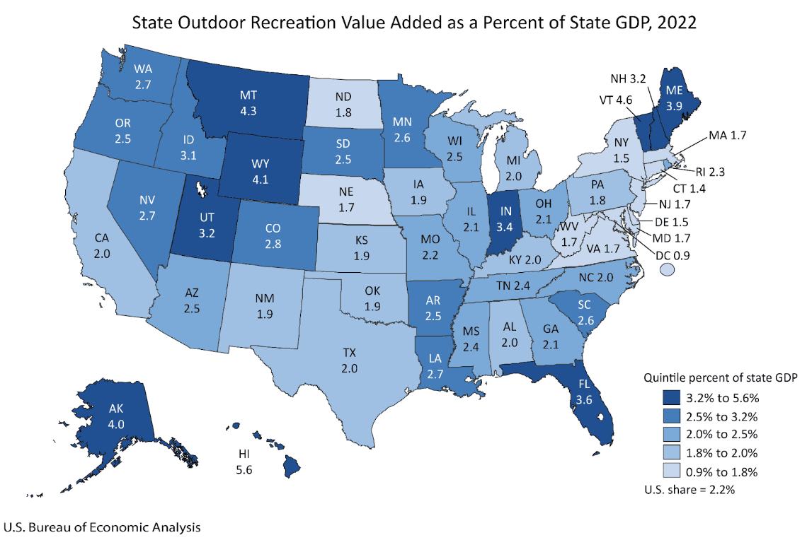 Map of value added by state outdoor recreation by state in 2022